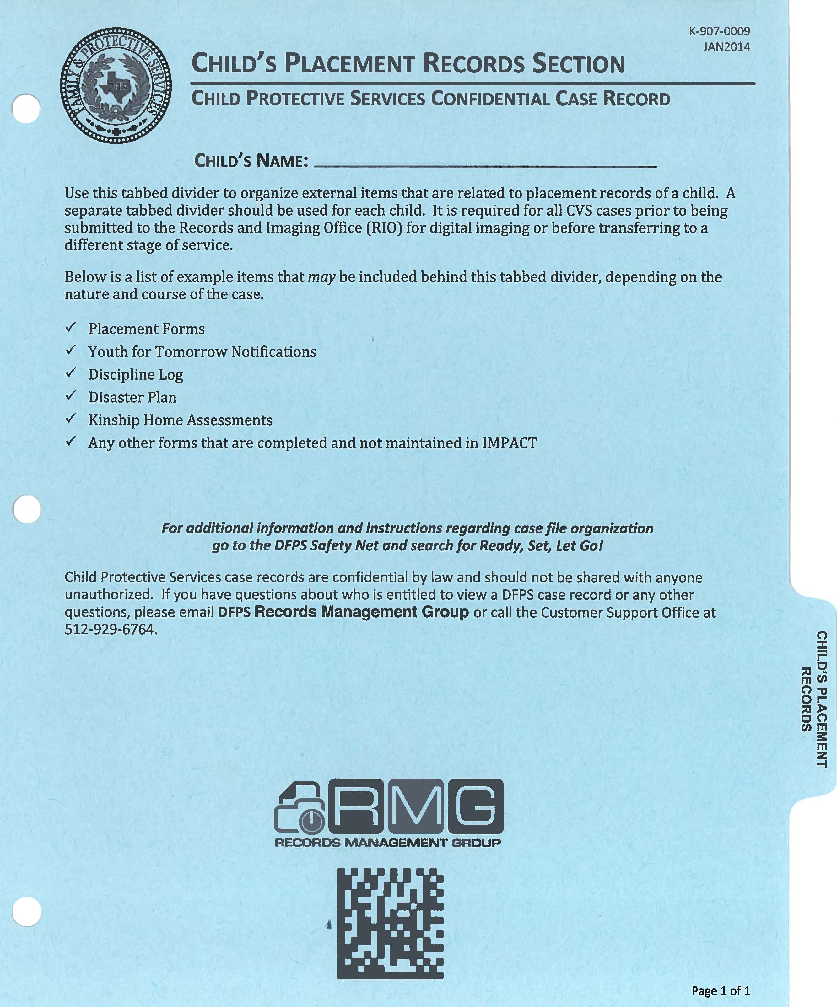 CPS Case Record Tab Childs Placement Records Section DFPS Forms